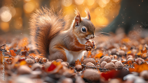 A close-up of a small squirrel gathering nuts on the forest floor,