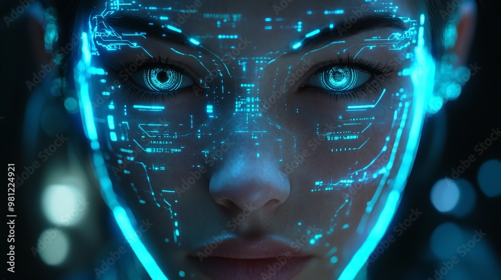 Close-up of a female android with digital data and circuit patterns overlaid on her face, symbolizing the integration of technology and humanity. Close-up of a female android with digital data and circuit patterns overlaid on her face, symbolizing the integration of technology and humanity.