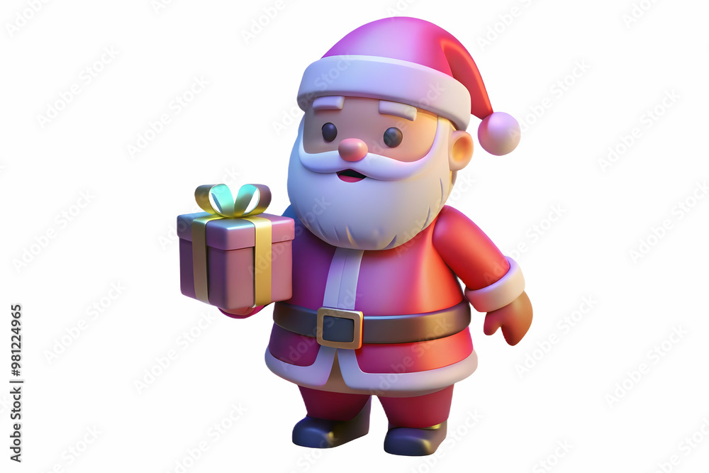3D Holographic Santa with Gift: Captivating Glowing Icon on White Background, Soft Focus Emphasizing Shimmering Details 3D Holographic Santa with Gift: Captivating Glowing Icon on White Background, Soft Focus Emphasizing Shimmering Details