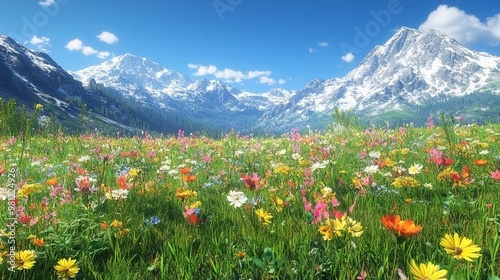 A vibrant wildflower meadow nestled at the base of snow-capped mountains under a bright blue sky.