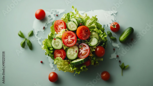 Fresh and colorful salad with lettuce, tomatoes, cucumbers, and herbs on a light surface, perfect for healthy eating. photo