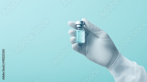 Healthcare theme featuring a hand in medical gloves holding a vial of vaccine against a blue background symbolizing medical innovation and safety photo