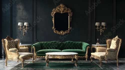 Interior Luxury Living Room with Emerald Velvet Sofa, Black Wall, and Gold Accents photo