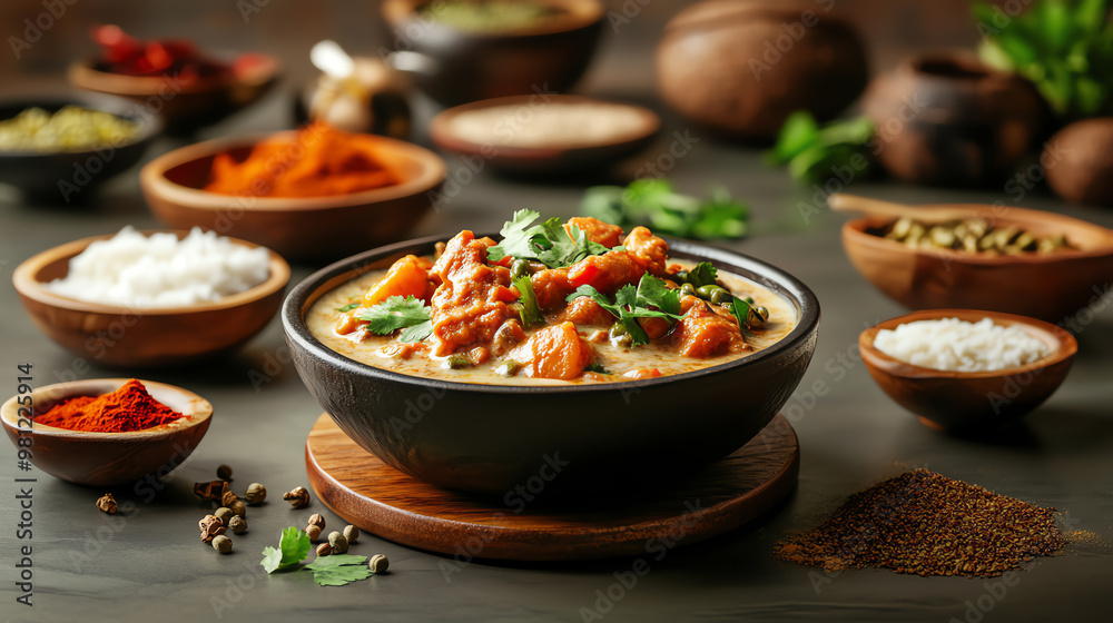 A vibrant bowl of curry surrounded by spices and herbs on a rustic table, offering a glimpse into delicious global cuisine. A vibrant bowl of curry surrounded by spices and herbs on a rustic table, offering a glimpse into delicious global cuisine.