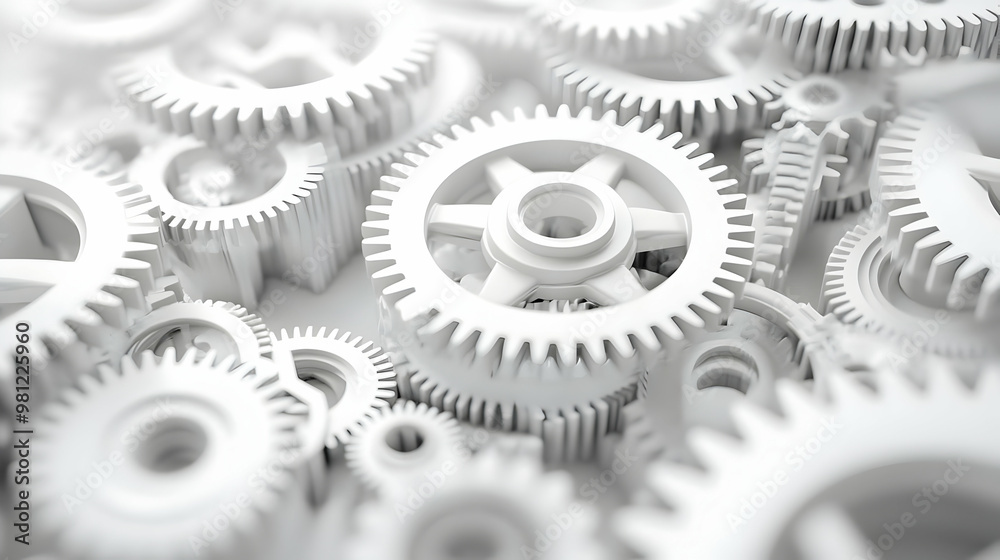 3D Floating White Gears Concept - Close-Up of Hovering Interlocking Gears Symbolizing Cognitive Processes and Mental Function on Isolated White Background 3D Floating White Gears Concept - Close-Up of Hovering Interlocking Gears Symbolizing Cognitive Processes and Mental Function on Isolated White Background