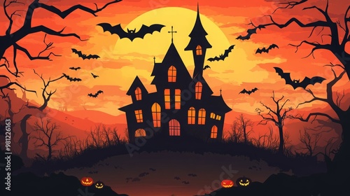 Silhouette of a haunted house on a spooky Halloween night illlustration