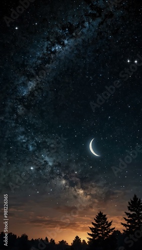 Celestial night sky with a crescent moon and glowing stars.