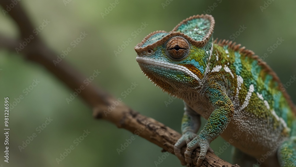 Chameleon perched on a branch, against a softly blurred background. Chameleon perched on a branch, against a softly blurred background.