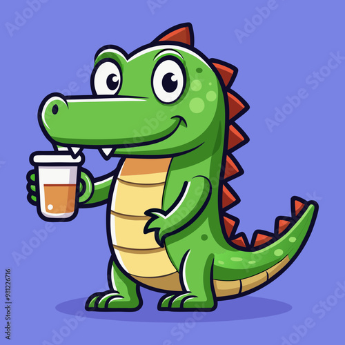 Download Cute Crocodile Drinking Coffee Cartoon Vector  Eps File For Design.