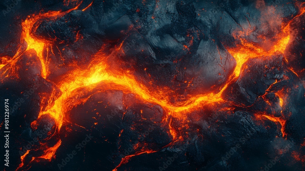 Molten Lava Flowing Through Dark Volcanic Rock Molten Lava Flowing Through Dark Volcanic Rock