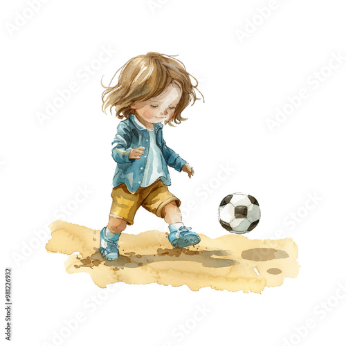 cute kid playing soccer vector illustration in watercolor style