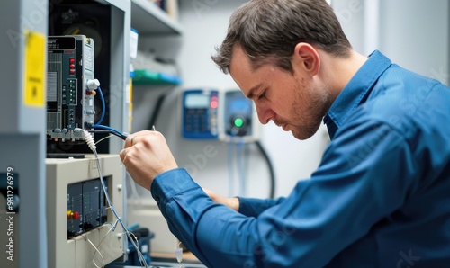 A focused male technician working diligently on repairing complex electronic machinery in a lab.