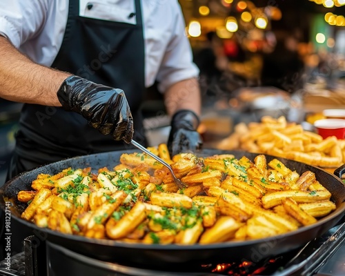 Colorful street market with chefs frying churros, hot chocolate on the side, food market street food, Spanish dessert advertising