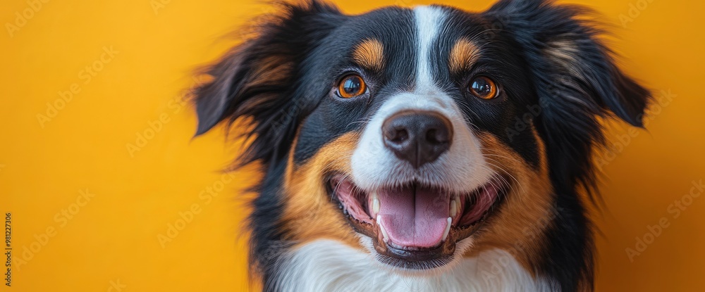 Happy Australian Shepherd Dog Portrait with Yellow Background Happy Australian Shepherd Dog Portrait with Yellow Background
