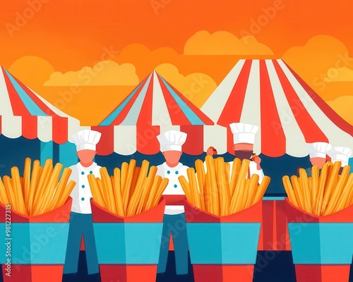 Colorful street market with chefs frying churros, hot chocolate on the side, food market street food, Spanish dessert advertising