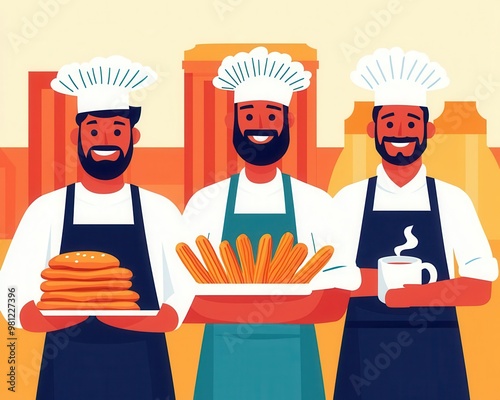 Colorful street market with chefs frying churros, hot chocolate on the side, food market street food, Spanish dessert advertising