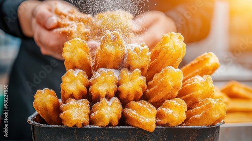 Freshly fried churros being dusted with cinnamon sugar, hot chocolate on display, street food market, dessert advertising