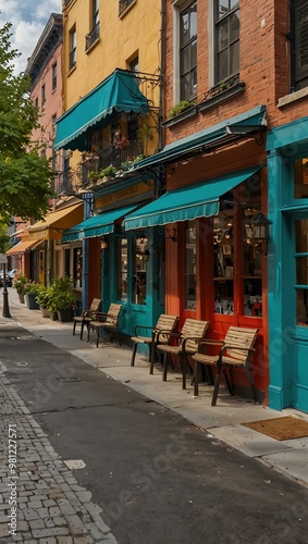 Charming walkway with colorful storefronts and awnings.