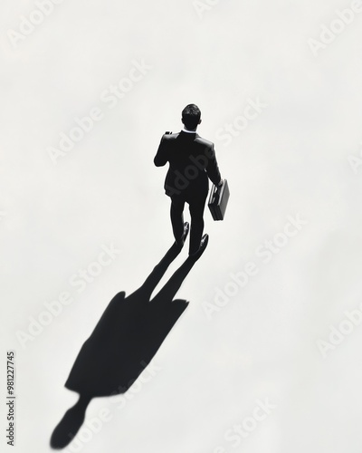 A silhouette of a businessman walking confidently, casting a long shadow on a minimalistic background, embodying determination. photo