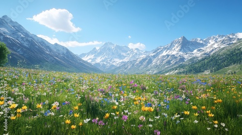 A Vibrant Wildflower Meadow Against a Backdrop of Snow-Capped Mountains