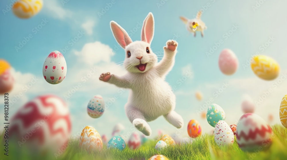 A fluffy white bunny leaps joyfully amongst a field of brightly colored Easter eggs. A fluffy white bunny leaps joyfully amongst a field of brightly colored Easter eggs.