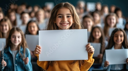 Smiling girl holds a blank sign in front of her classmates, showcasing joy, teamwork, and creativity in a classroom setting.