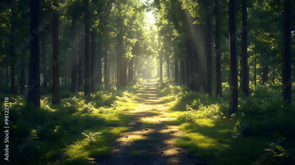 Fototapeta premium Sun Rays Through The Trees - A Mystical Forest Path - 3D Render.