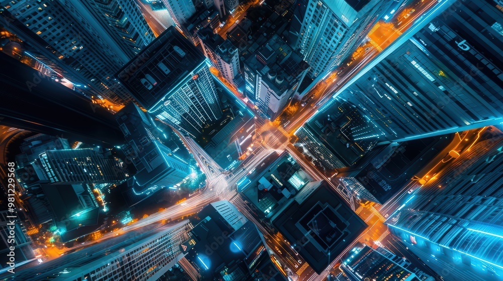 Obraz premium Futuristic cityscape at night with glowing neon lights and digital data streams, aerial view 