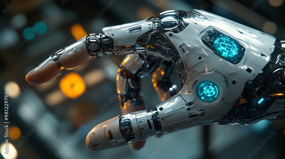 Obraz premium Two robotic hands are touching each other