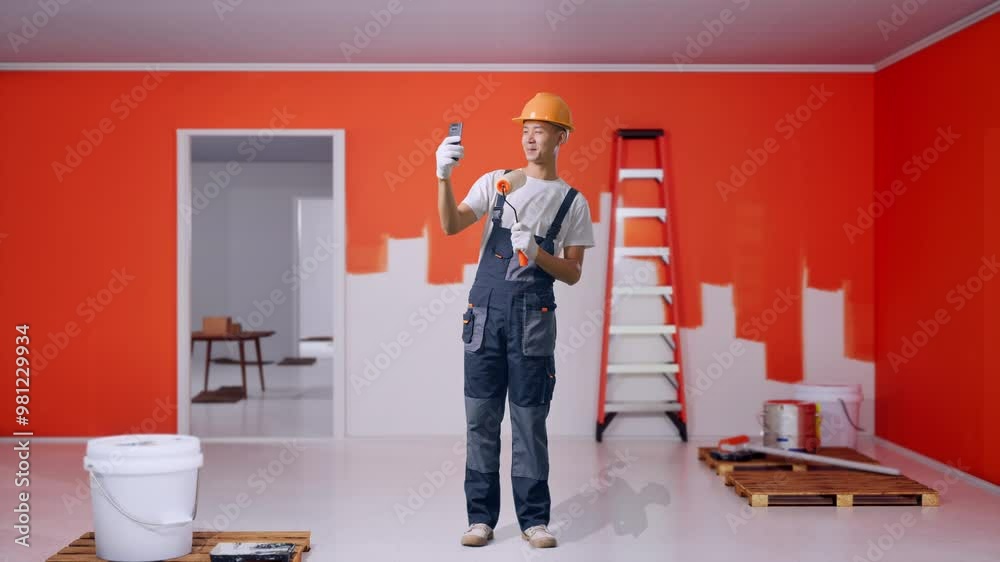 Full Body Of Asian Man Painter Wearing Safety Helmet Using Smartphone Taking Picture While Standing With Painting Wall In Room Full Body Of Asian Man Painter Wearing Safety Helmet Using Smartphone Taking Picture While Standing With Painting Wall In Room
