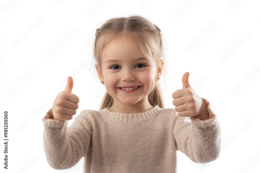 Happy joyful little girl smiling showing thumbs up isolated on white background Happy joyful little girl smiling showing thumbs up isolated on white background