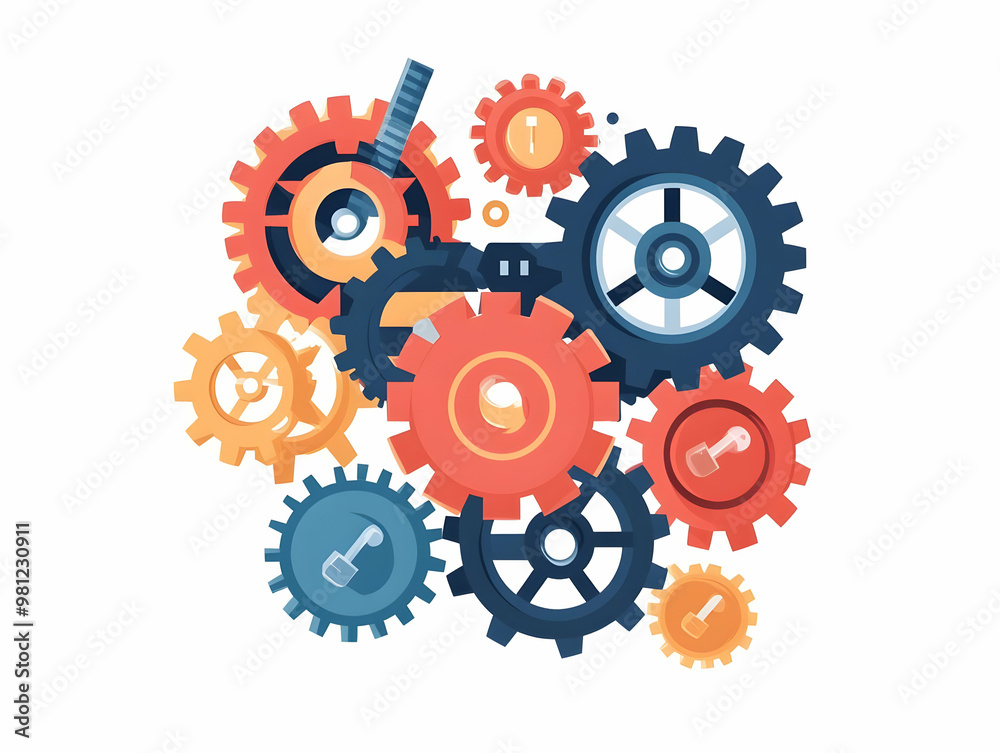 Flat Vote Counting Gears Mechanism Concept: Close-Up Vector of Interlocking Gears for Vote Tallying, Isolated on White Background with Space for Information Flat Vote Counting Gears Mechanism Concept: Close-Up Vector of Interlocking Gears for Vote Tallying, Isolated on White Background with Space for Information
