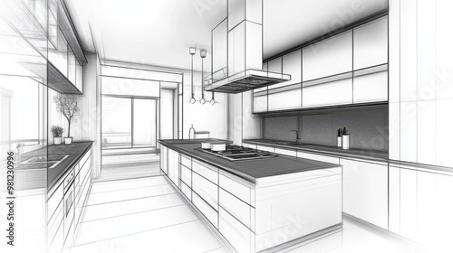 An abstract sketch design of an interior kitchen rendered in 3D
