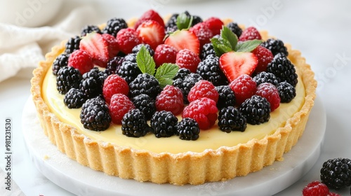 Delightful Berry Tart with Fresh Fruit and Mint Garnish