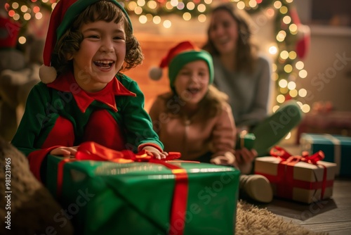 The festive fireplace is adorned with colorful decorations as children eagerly unwrap Christmas gifts, delighting in the holiday spirit and sharing moments of joy and togetherness with their family