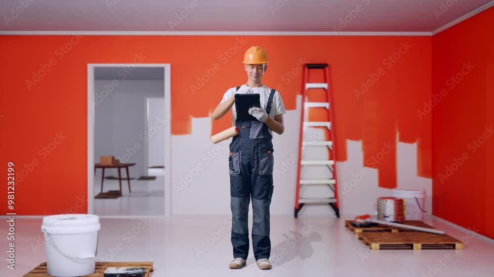 Full Body Of Asian Man Painter Wearing Safety Helmet Taking Note On A Tablet While Standing With Painting Wall In Room Full Body Of Asian Man Painter Wearing Safety Helmet Taking Note On A Tablet While Standing With Painting Wall In Room