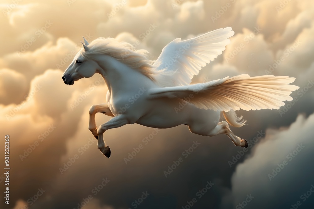 Φωτογραφία A beautiful illustration of Pegasus, the mythical winged horse from Greek mythology, flying gracefully through the clouds during a sunset or sunrise