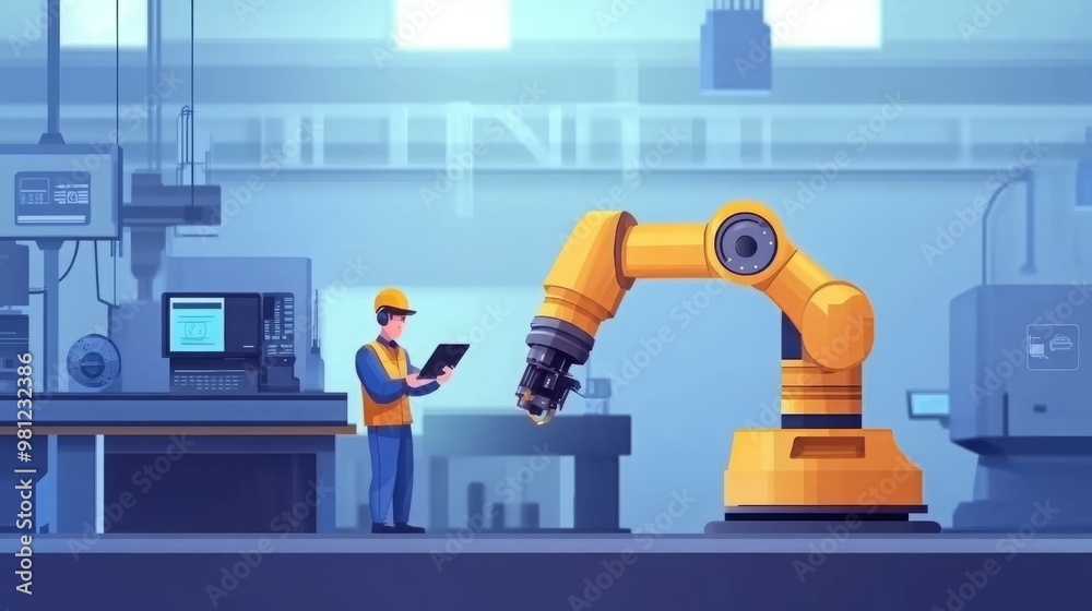 A worker oversees a robotic arm in a factory setting. A worker oversees a robotic arm in a factory setting.