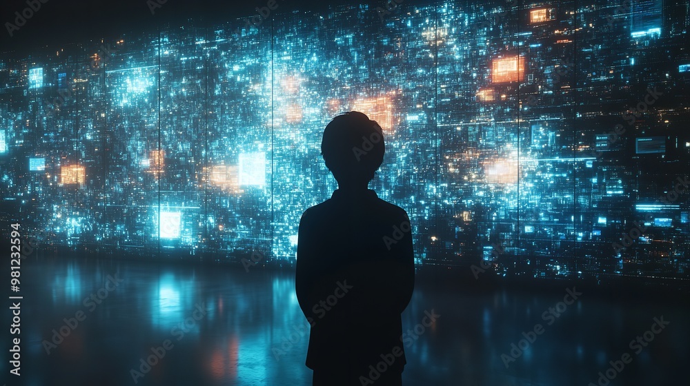 A man stands in front of a computer screen with a city view A man stands in front of a computer screen with a city view