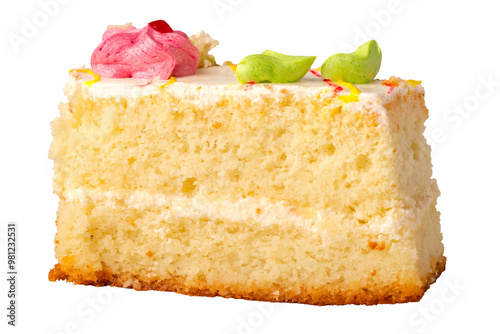 A piece of cake with whipped cream and buttercream decoration. Isolated object on transparent background