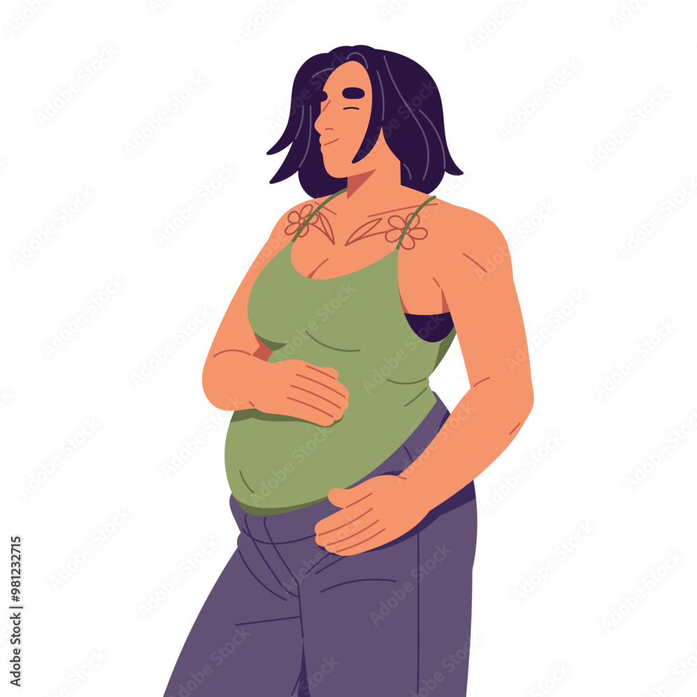 Pregnant woman holds hands on belly. Expectant mother smiles. Future mom loves her baby. Happy girl with tattoos on skin in pregnancy. Modern motherhood. Flat isolated vector illustration on white Pregnant woman holds hands on belly. Expectant mother smiles. Future mom loves her baby. Happy girl with tattoos on skin in pregnancy. Modern motherhood. Flat isolated vector illustration on white