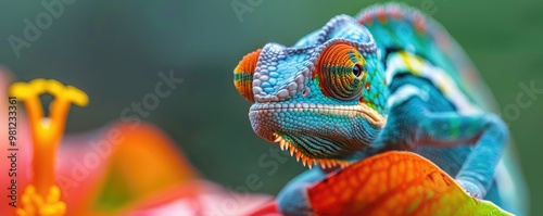 chameleon camouflaged amongst brightly patterned leaves, showcasing its intricate scales and textures.