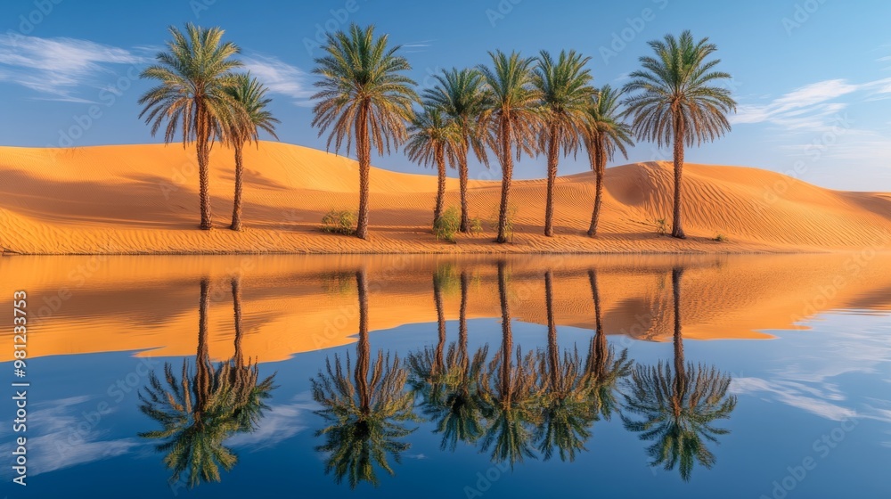 Palm Trees Reflected in Still Water of a Desert Oasis