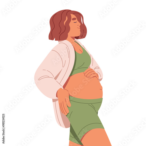 Happy pregnant woman holds hands on belly. Young expectant mother support future baby in abdomen. Girl in pregnancy side view. Modern motherhood. Flat isolated vector illustration on white background