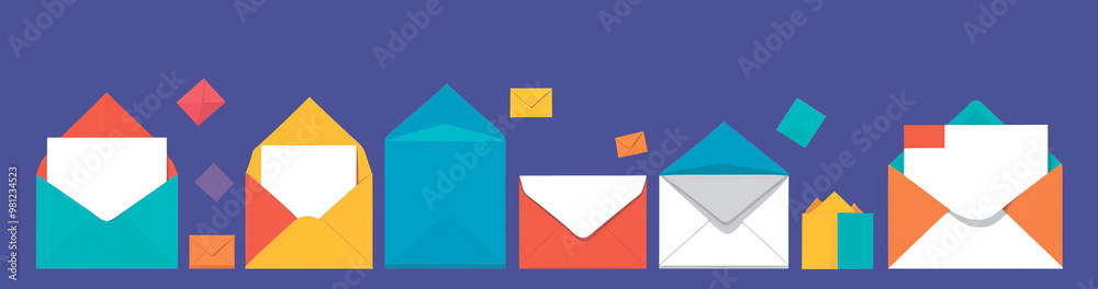 A lot of colorful bright envelopes with letter on blue background. Mail delivery. October World Post Day. International Letter Writing Week. Design for banner, copy space. 