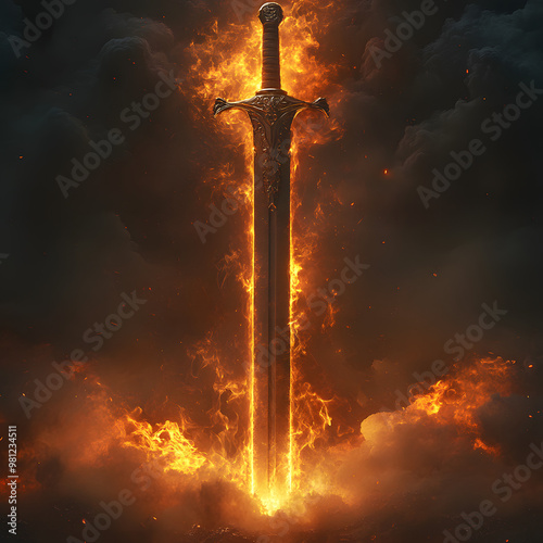 “Sword Stuck in Stone Surrounded by Smoke and Fire in a Dramatic Scene” 