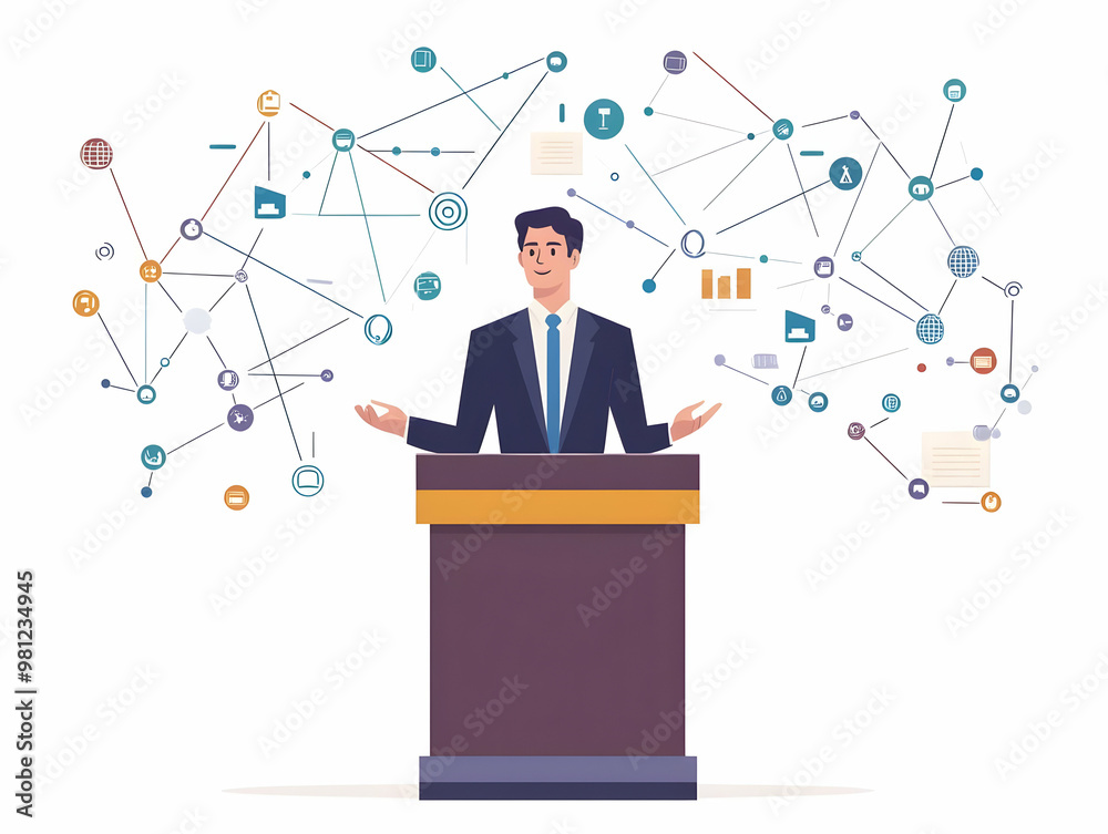 Flat Podium with Neural Network Policy Analyzer Concept - Medium Shot Visualizing AI Impact on Governance, Data Flow, and Copy Space for Explanation in Simple Flat Vector Illustration Flat Podium with Neural Network Policy Analyzer Concept - Medium Shot Visualizing AI Impact on Governance, Data Flow, and Copy Space for Explanation in Simple Flat Vector Illustration