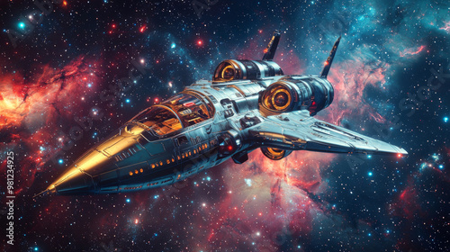 Wallpaper Mural A silver and gold space ship is flying through a colorful galaxy Torontodigital.ca