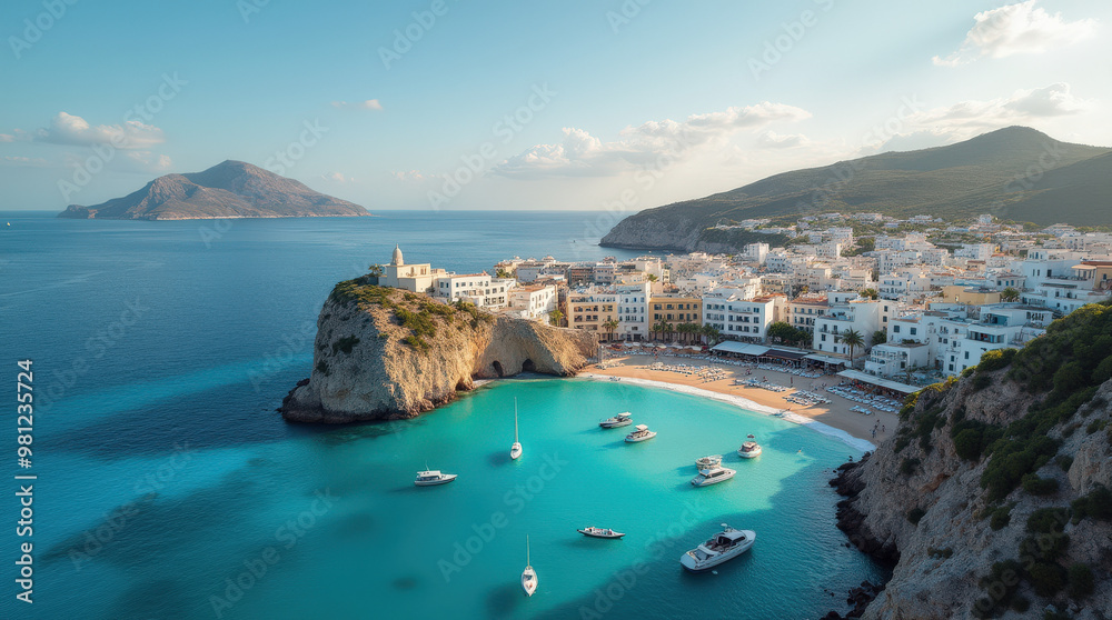 Obraz premium Stunning Ibiza Coastal Towns and Beaches: Mediterranean Island Paradise with Crystal Clear Waters and Luxurious Yachts - Perfect for Summer Vacations and Travel Photography