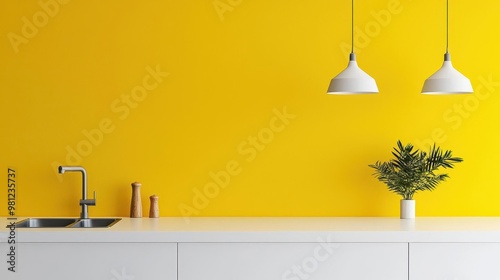 Pastel yellow kitchen with minimalistic white countertops and industrial pendant lights, colorful kitchen interior, modern industrial design